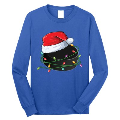 Christmas Hockey Puck In Santa Hat Wrapped In Holiday Lights Cool Gift Long Sleeve Shirt