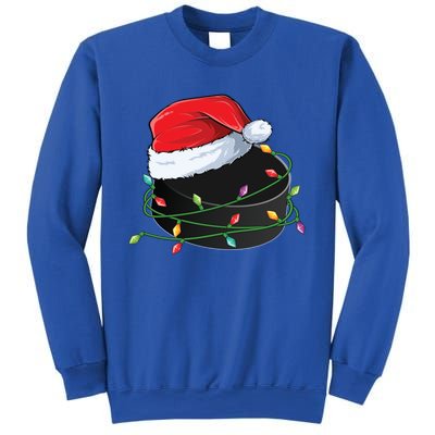 Christmas Hockey Puck In Santa Hat Wrapped In Holiday Lights Cool Gift Sweatshirt