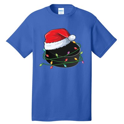 Christmas Hockey Puck In Santa Hat Wrapped In Holiday Lights Cool Gift Tall T-Shirt