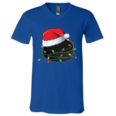 Christmas Hockey Puck In Santa Hat Wrapped In Holiday Lights Cool Gift V-Neck T-Shirt