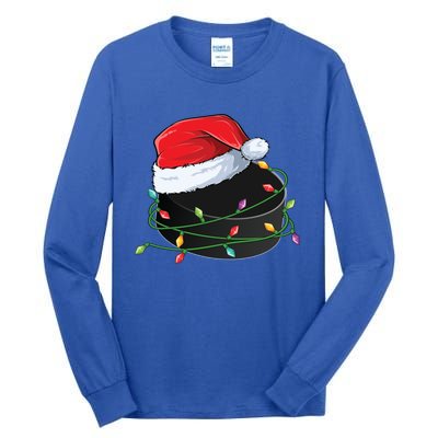 Christmas Hockey Puck In Santa Hat Wrapped In Holiday Lights Cool Gift Tall Long Sleeve T-Shirt