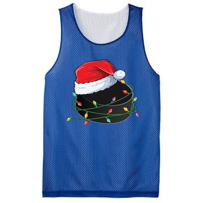 Christmas Hockey Puck In Santa Hat Wrapped In Holiday Lights Cool Gift Mesh Reversible Basketball Jersey Tank