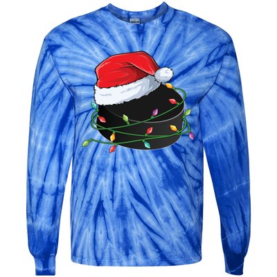 Christmas Hockey Puck In Santa Hat Wrapped In Holiday Lights Cool Gift Tie-Dye Long Sleeve Shirt