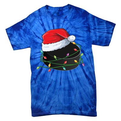 Christmas Hockey Puck In Santa Hat Wrapped In Holiday Lights Cool Gift Tie-Dye T-Shirt