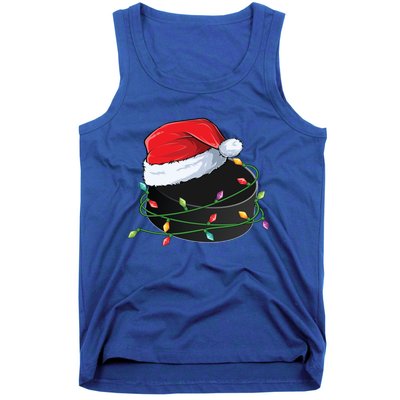 Christmas Hockey Puck In Santa Hat Wrapped In Holiday Lights Cool Gift Tank Top