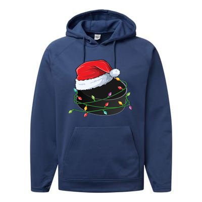 Christmas Hockey Puck In Santa Hat Wrapped In Holiday Lights Cool Gift Performance Fleece Hoodie