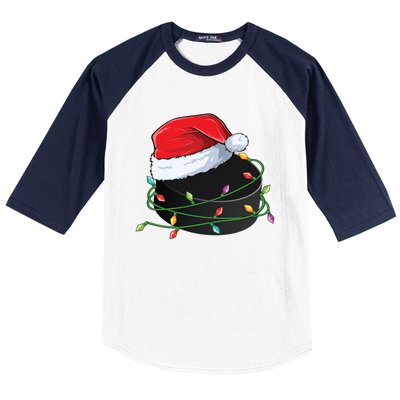 Christmas Hockey Puck In Santa Hat Wrapped In Holiday Lights Cool Gift Baseball Sleeve Shirt