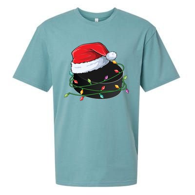 Christmas Hockey Puck In Santa Hat Wrapped In Holiday Lights Cool Gift Sueded Cloud Jersey T-Shirt