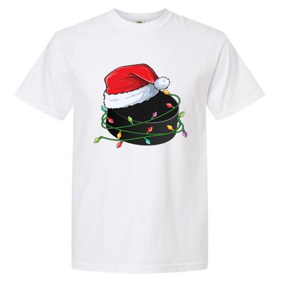 Christmas Hockey Puck In Santa Hat Wrapped In Holiday Lights Cool Gift Garment-Dyed Heavyweight T-Shirt