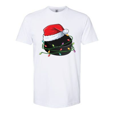 Christmas Hockey Puck In Santa Hat Wrapped In Holiday Lights Cool Gift Softstyle CVC T-Shirt