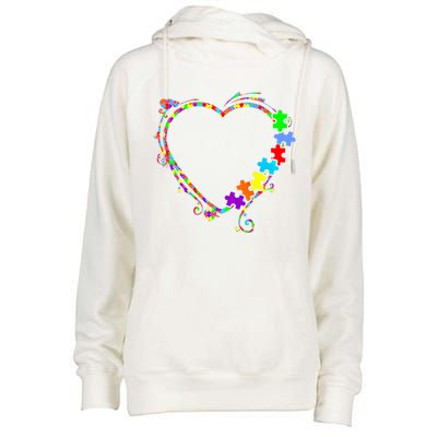 Colorful Heart Puzzle Piece Love Autism Awareness Themed Gift Womens Funnel Neck Pullover Hood