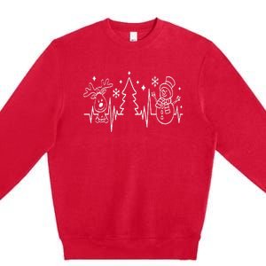 Christmas Heartbeat Reindeer Snowman Christmas Tree Red Premium Crewneck Sweatshirt