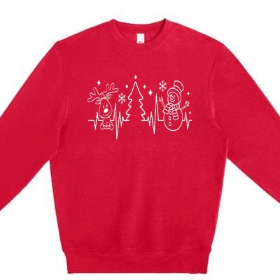 Christmas Heartbeat Reindeer Snowman Christmas Tree Red Premium Crewneck Sweatshirt