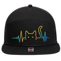 Cat Heartbeat Rainbow Cat Mom Dad Feline Lover 7 Panel Mesh Trucker Snapback Hat