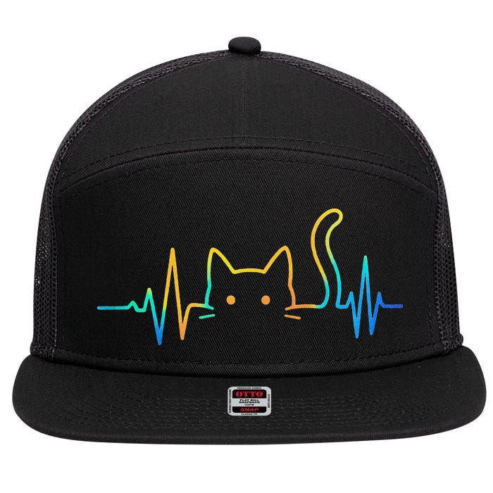 Cat Heartbeat Rainbow Cat Mom Dad Feline Lover 7 Panel Mesh Trucker Snapback Hat