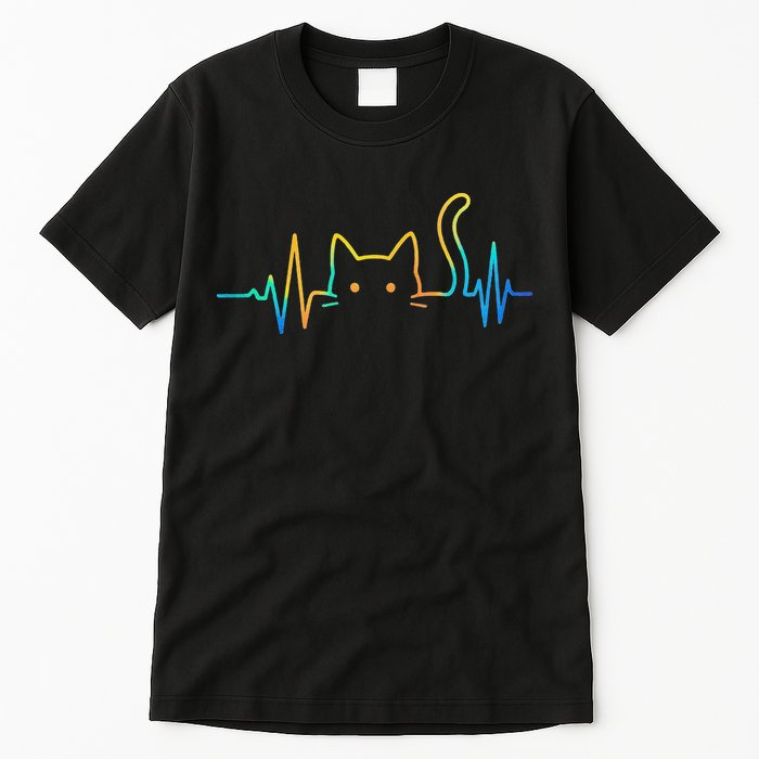 Cat Heartbeat Rainbow Cat Mom Dad Feline Lover Tall T-Shirt