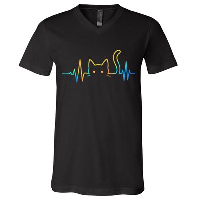 Cat Heartbeat Rainbow Cat Mom Dad Feline Lover V-Neck T-Shirt