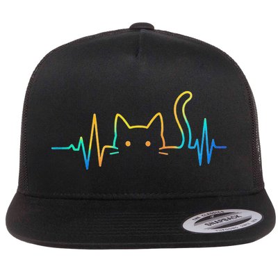 Cat Heartbeat Rainbow Cat Mom Dad Feline Lover Flat Bill Trucker Hat