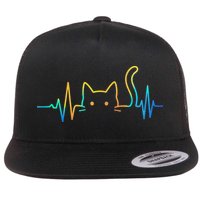 Cat Heartbeat Rainbow Cat Mom Dad Feline Lover Flat Bill Trucker Hat