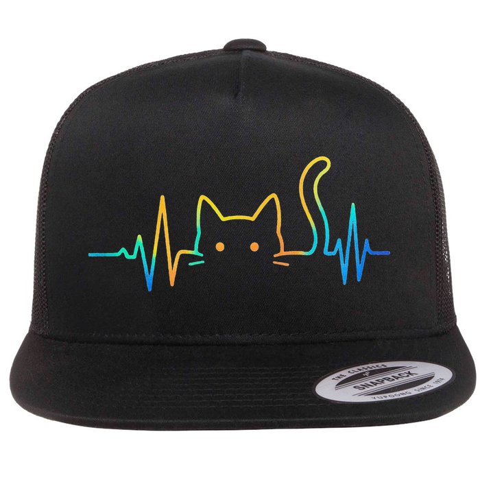 Cat Heartbeat Rainbow Cat Mom Dad Feline Lover Flat Bill Trucker Hat