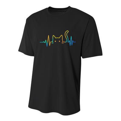 Cat Heartbeat Rainbow Cat Mom Dad Feline Lover Youth Performance Sprint T-Shirt