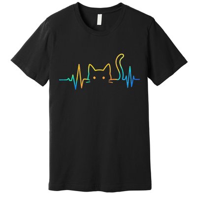 Cat Heartbeat Rainbow Cat Mom Dad Feline Lover Premium T-Shirt