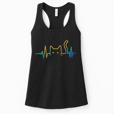 Cat Heartbeat Rainbow Cat Mom Dad Feline Lover Womens Tank Top