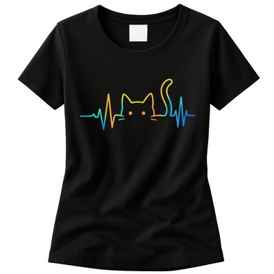 Cat Heartbeat Rainbow Cat Mom Dad Feline Lover Womens T-Shirt