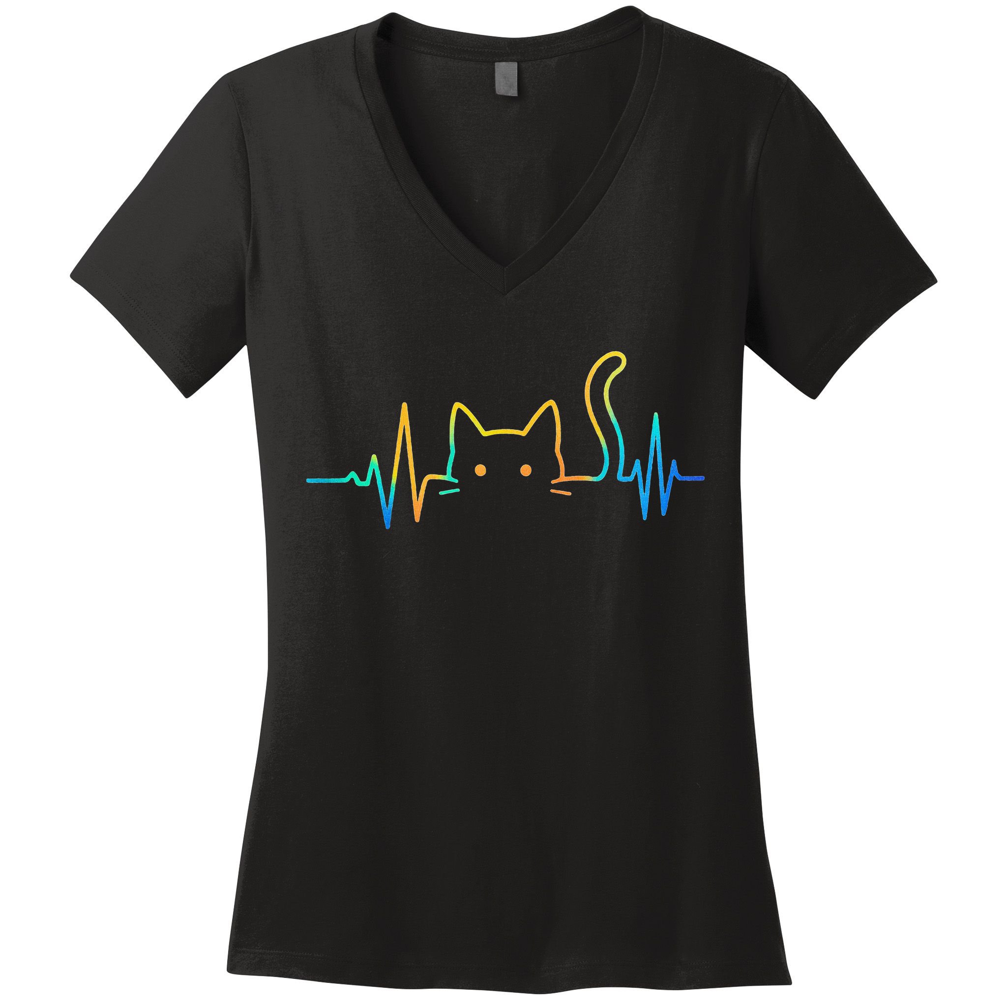 Cat Heartbeat Rainbow Cat Mom Dad Feline Lover Women's V-Neck T-Shirt