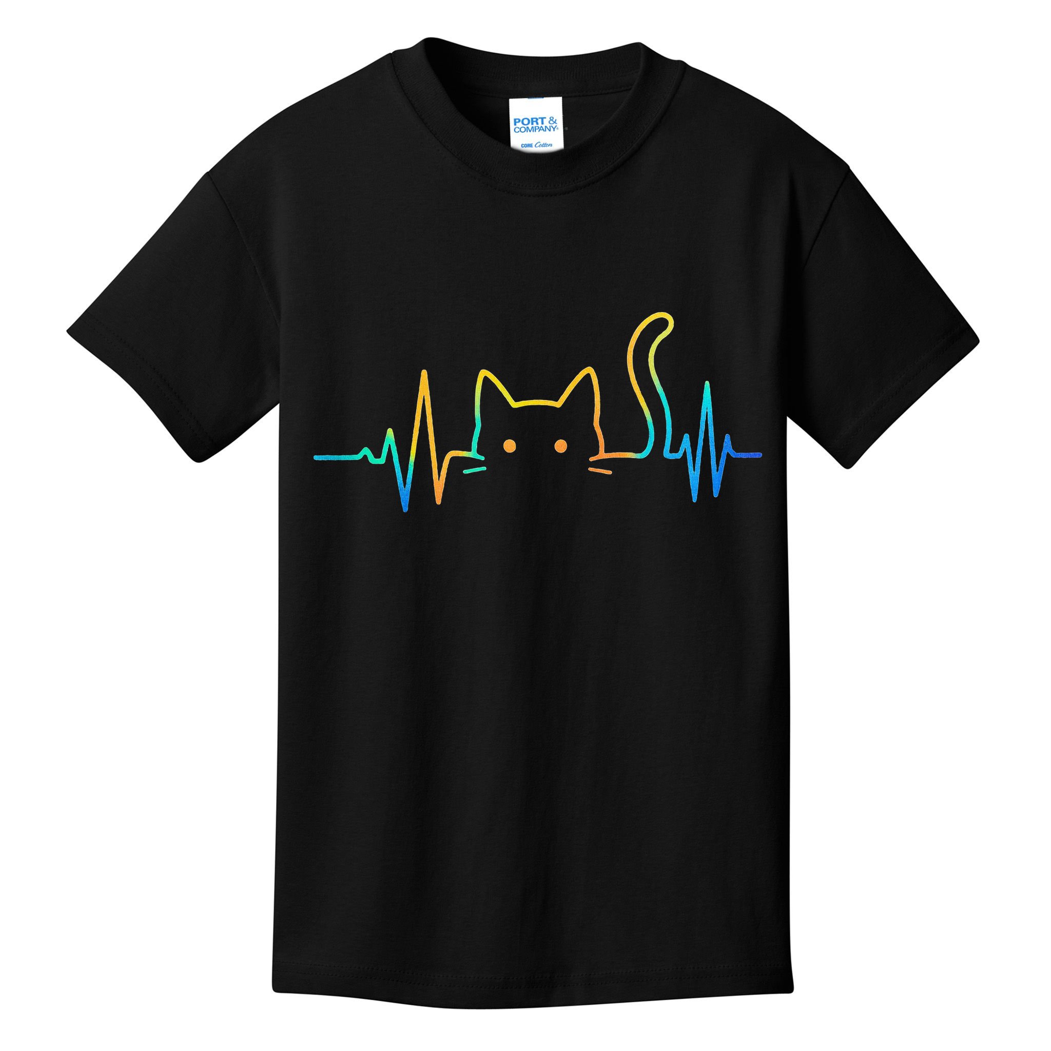 Cat Heartbeat Rainbow Cat Mom Dad Feline Lover Kids T-Shirt