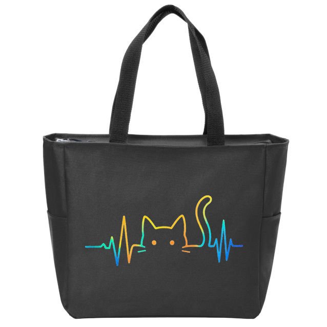 Cat Heartbeat Rainbow Cat Mom Dad Feline Lover Zip Tote Bag