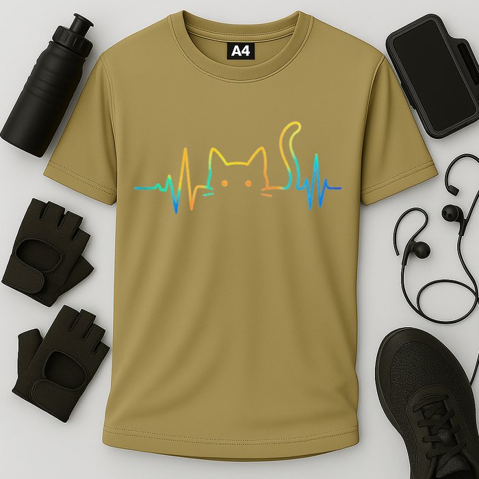 Cat Heartbeat Rainbow Cat Mom Dad Feline Lover Cooling Performance Crew T-Shirt