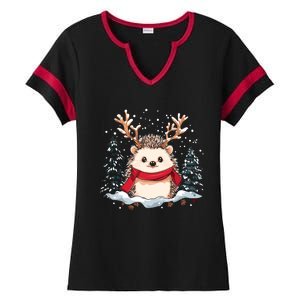 Cute Hedgehog Reindeer Christmas Xmas Gift Ladies Halftime Notch Neck Tee