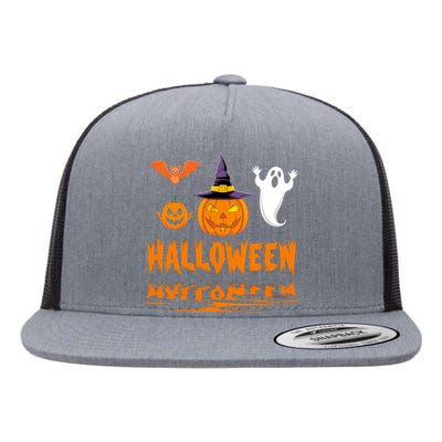 Cute Halloween Reflections Pumpkin Bat And Ghost Design Flat Bill Trucker Hat