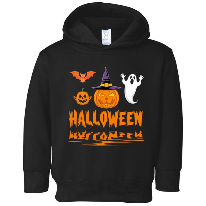 Cute Halloween Reflections Pumpkin Bat And Ghost Design Toddler Hoodie