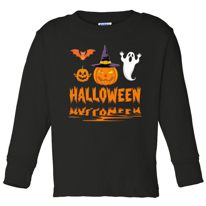 Cute Halloween Reflections Pumpkin Bat And Ghost Design Toddler Long Sleeve Shirt