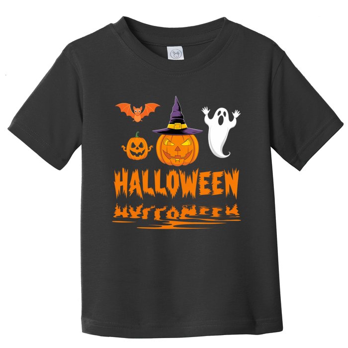 Cute Halloween Reflections Pumpkin Bat And Ghost Design Toddler T-Shirt