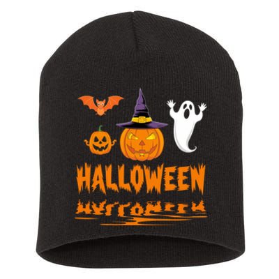 Cute Halloween Reflections Pumpkin Bat And Ghost Design Short Acrylic Beanie