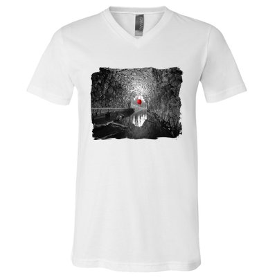 Creepy Halloween Red Balloon Floats In The Sewer V-Neck T-Shirt