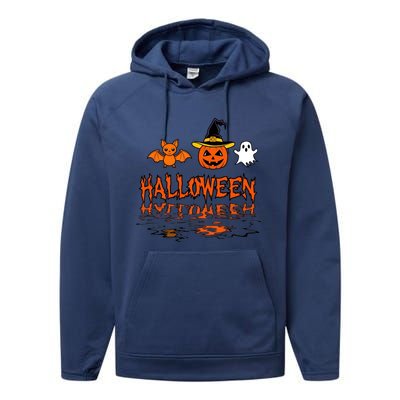 Cute Halloween Reflections Pumpkin Bat And Ghost Design Performance Fleece Hoodie