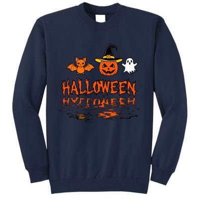 Cute Halloween Reflections Pumpkin Bat And Ghost Design Tall Sweatshirt