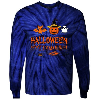 Cute Halloween Reflections Pumpkin Bat And Ghost Design Tie-Dye Long Sleeve Shirt