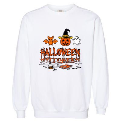 Cute Halloween Reflections Pumpkin Bat And Ghost Design Garment-Dyed Sweatshirt