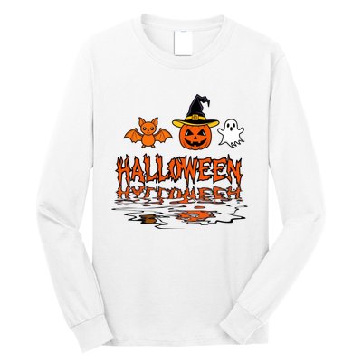 Cute Halloween Reflections Pumpkin Bat And Ghost Design Long Sleeve Shirt