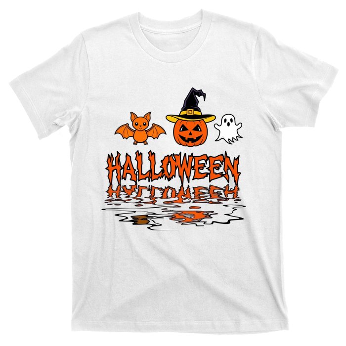 Cute Halloween Reflections Pumpkin Bat And Ghost Design T-Shirt