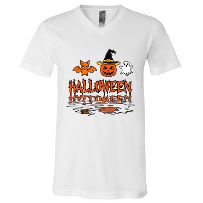 Cute Halloween Reflections Pumpkin Bat And Ghost Design V-Neck T-Shirt