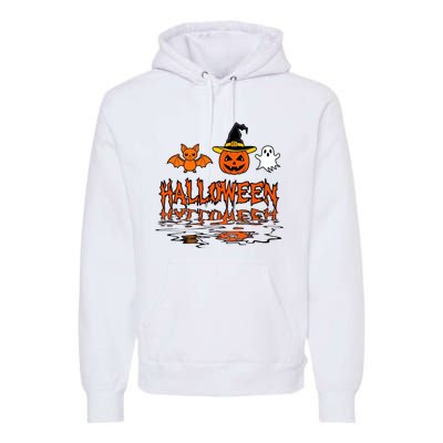 Cute Halloween Reflections Pumpkin Bat And Ghost Design Premium Hoodie