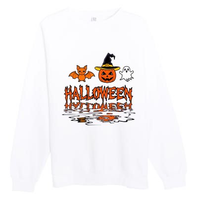 Cute Halloween Reflections Pumpkin Bat And Ghost Design Premium Crewneck Sweatshirt