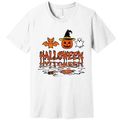 Cute Halloween Reflections Pumpkin Bat And Ghost Design Premium T-Shirt