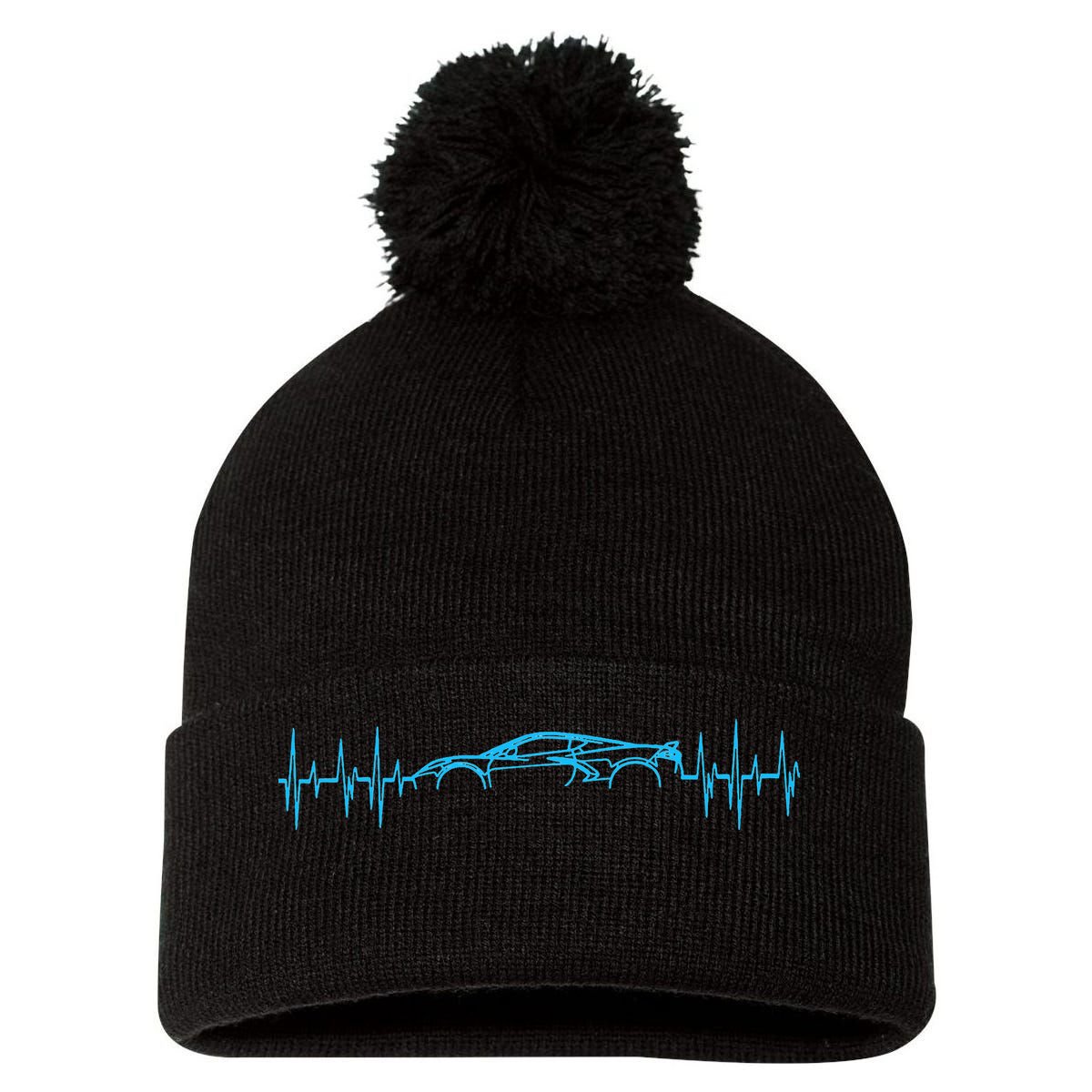 C8 Heartbeat Rapid Blue Supercar Sports Car Heartbeat Line Pom Pom 12in Knit Beanie